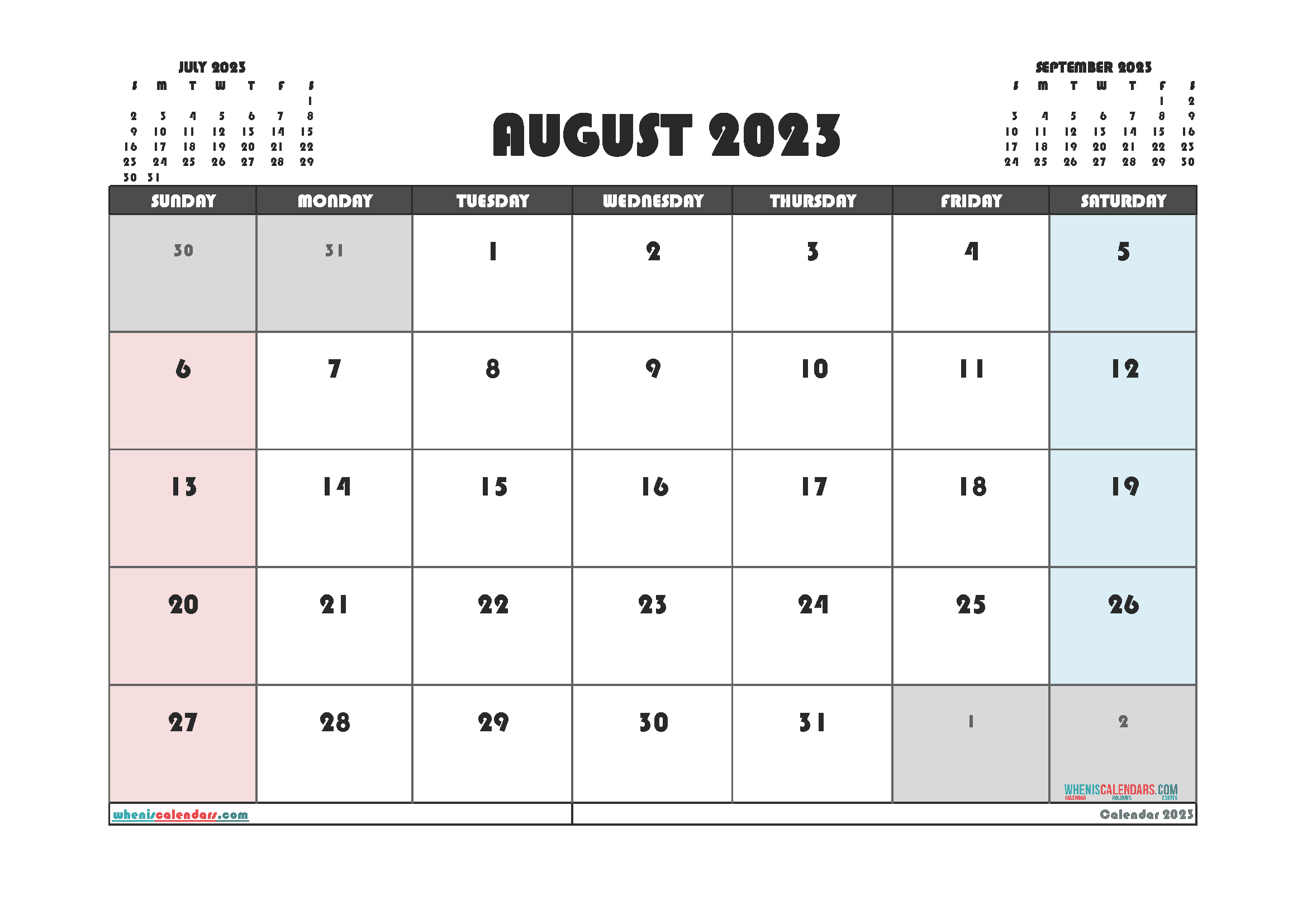 Free Printable August 2023 Calendar