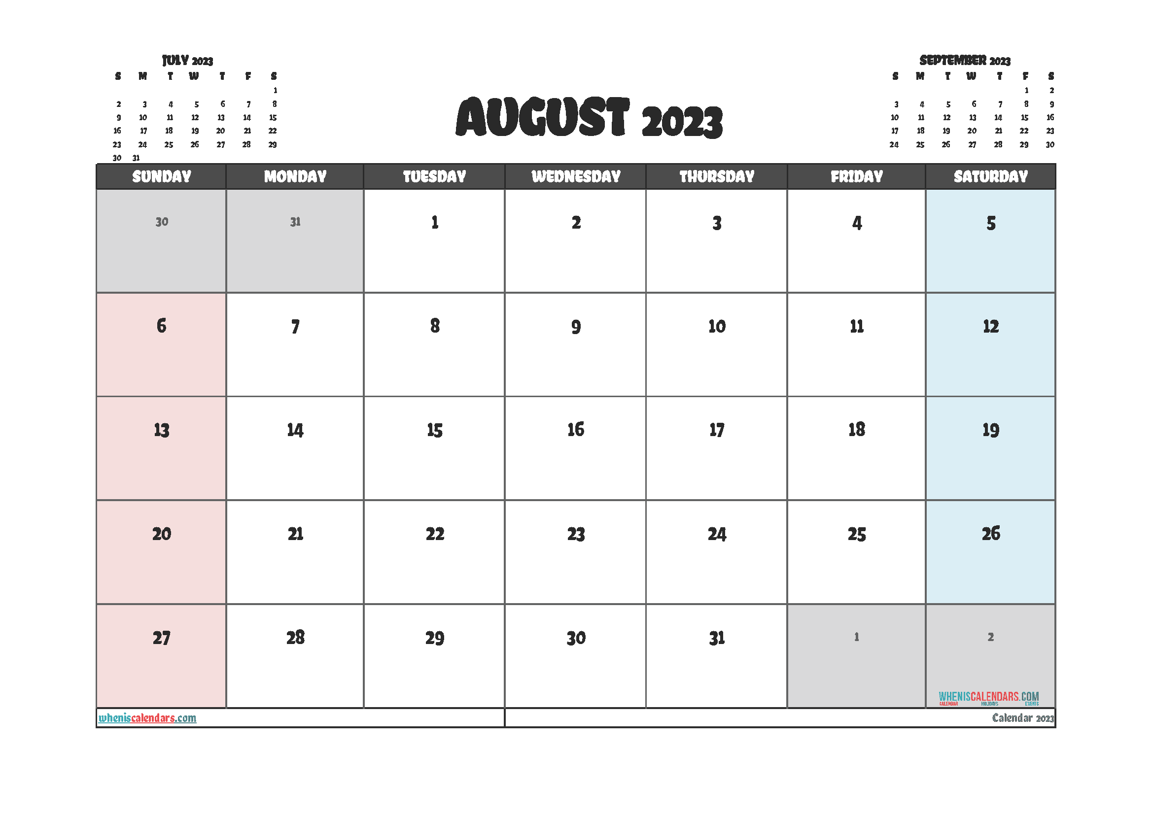 August 2023 Calendar with Holidays Printable