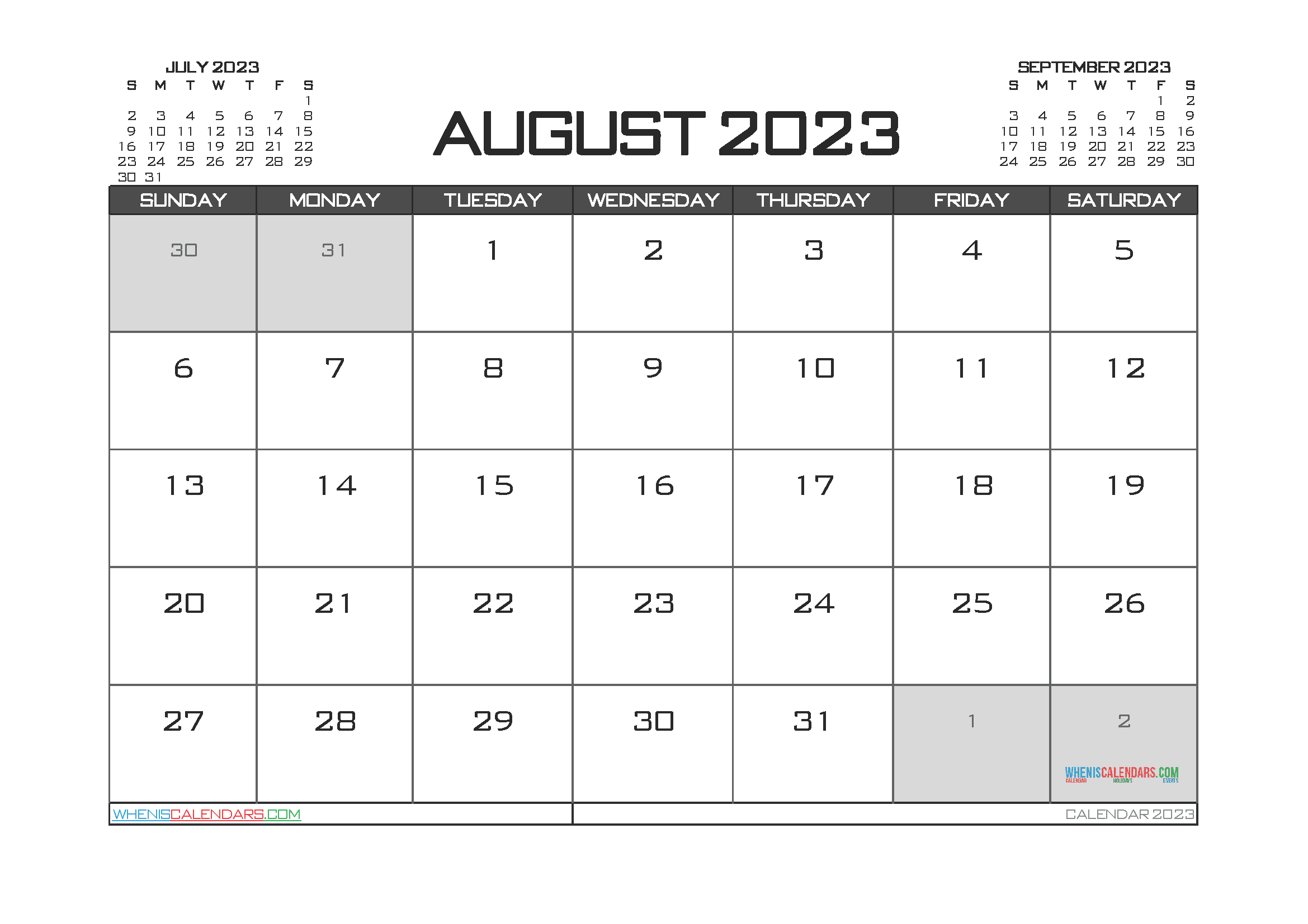 August 2023 Calendar with Holidays Free