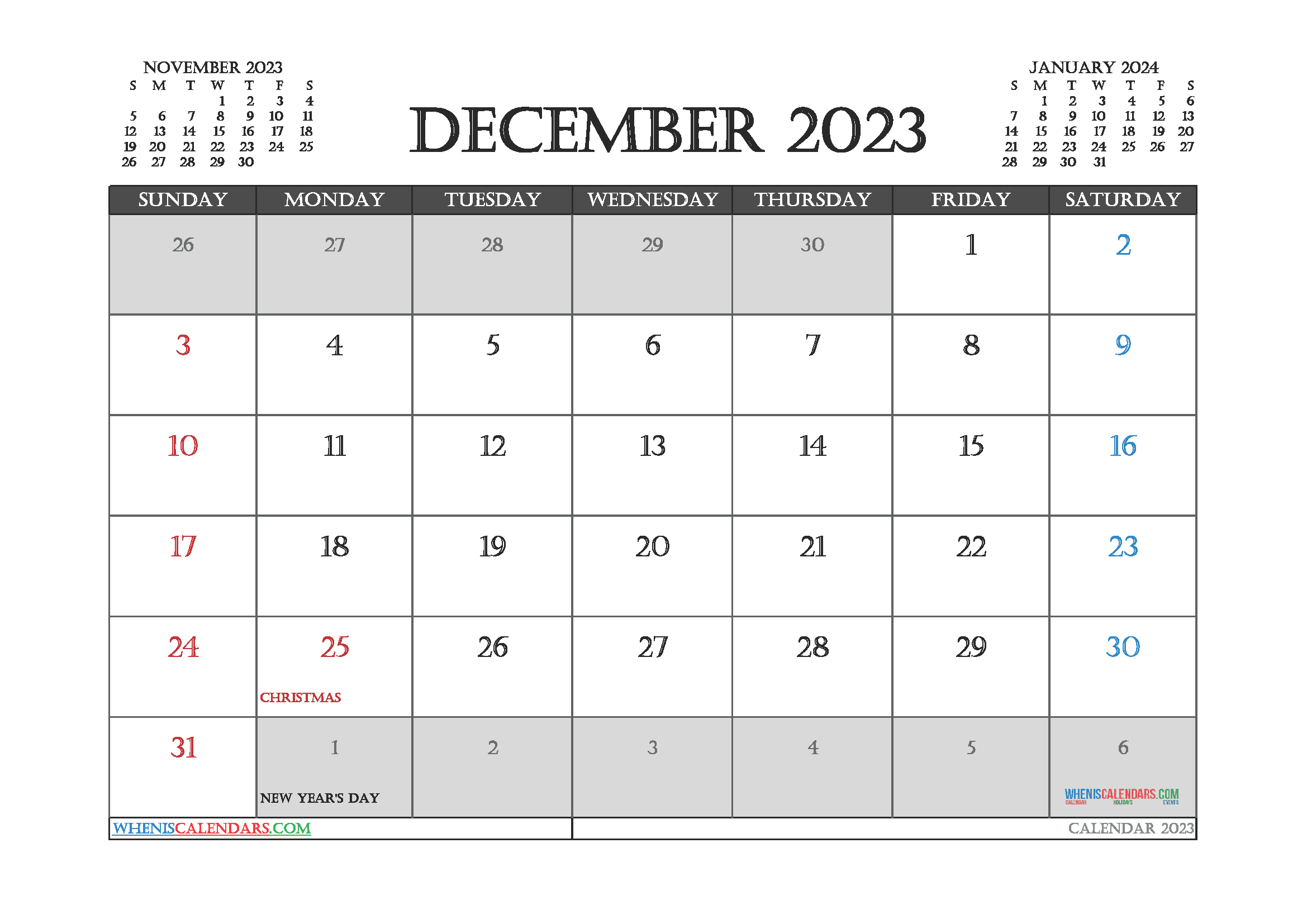 Free 2023 Calendar December Printable