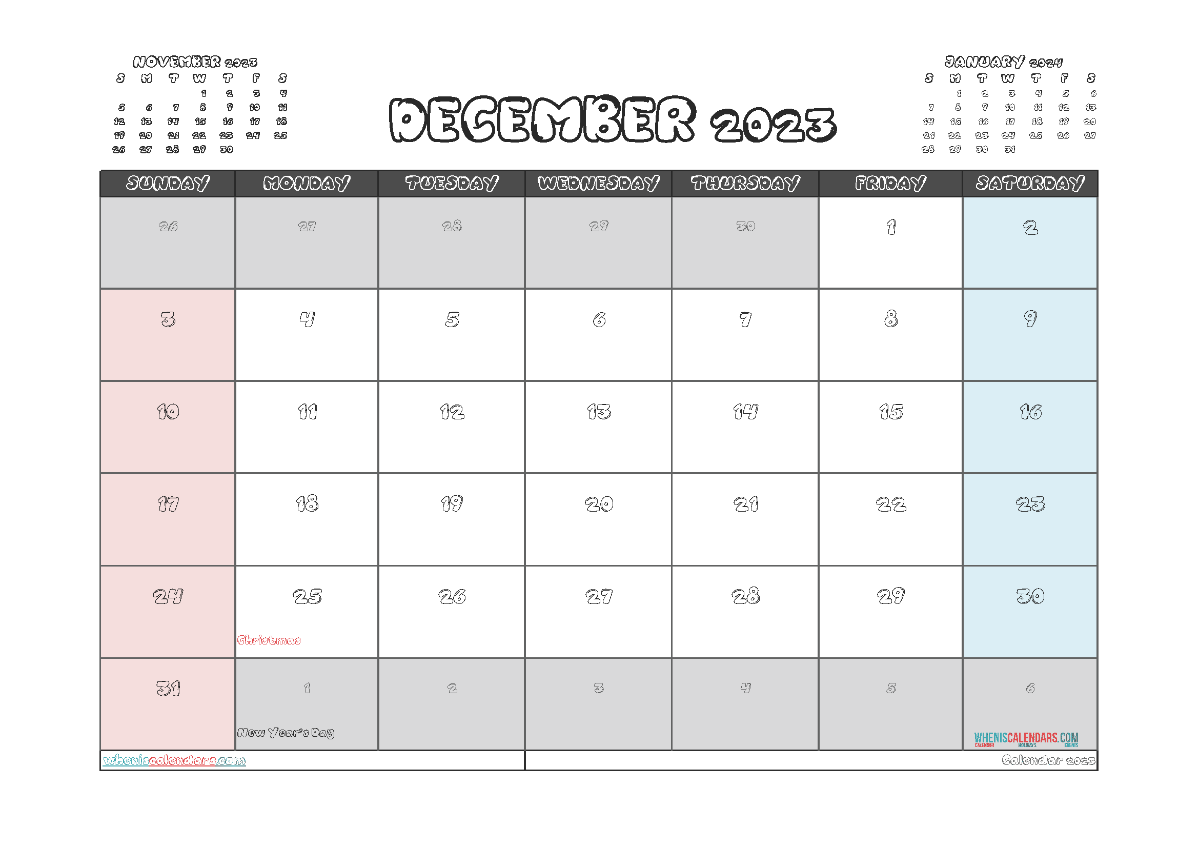 Free 2023 Calendar December Printable