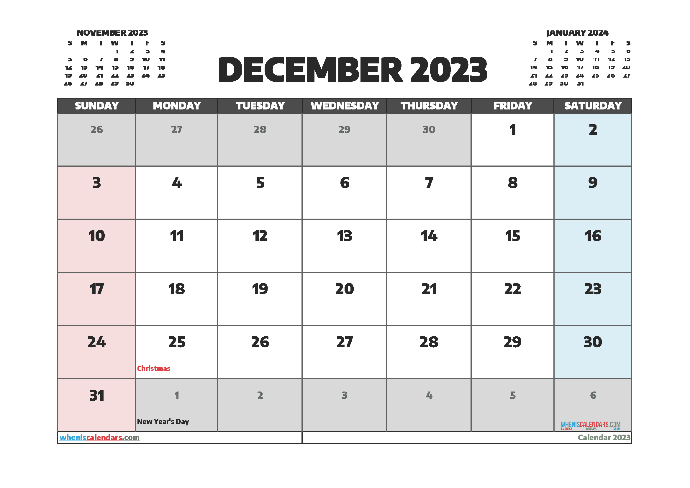 Free Printable December 2023 Calendar