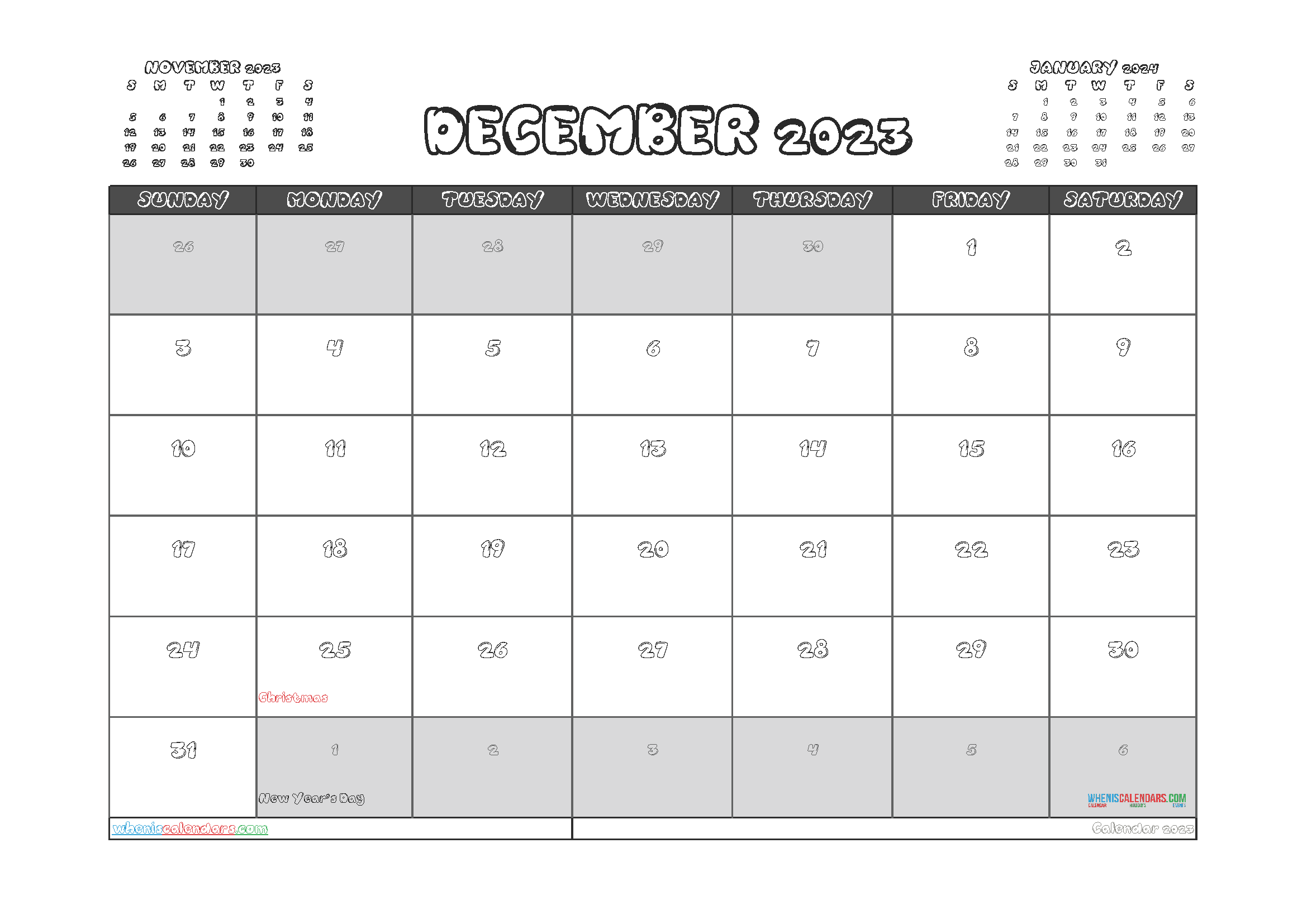 Printable December 2023 Calendar with Holidays
