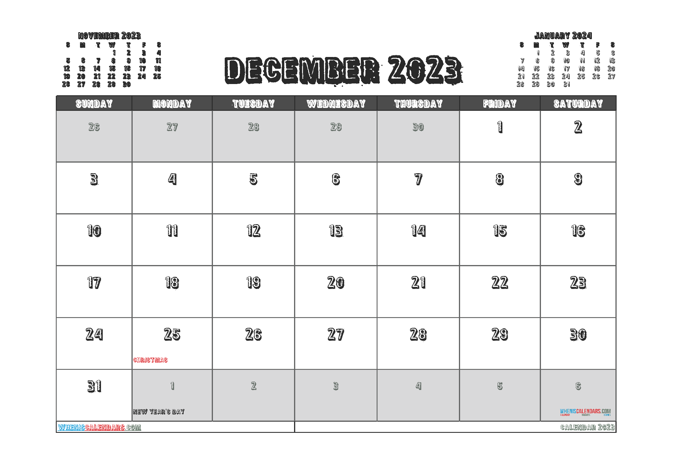 Free December 2023 Calendar with Holidays