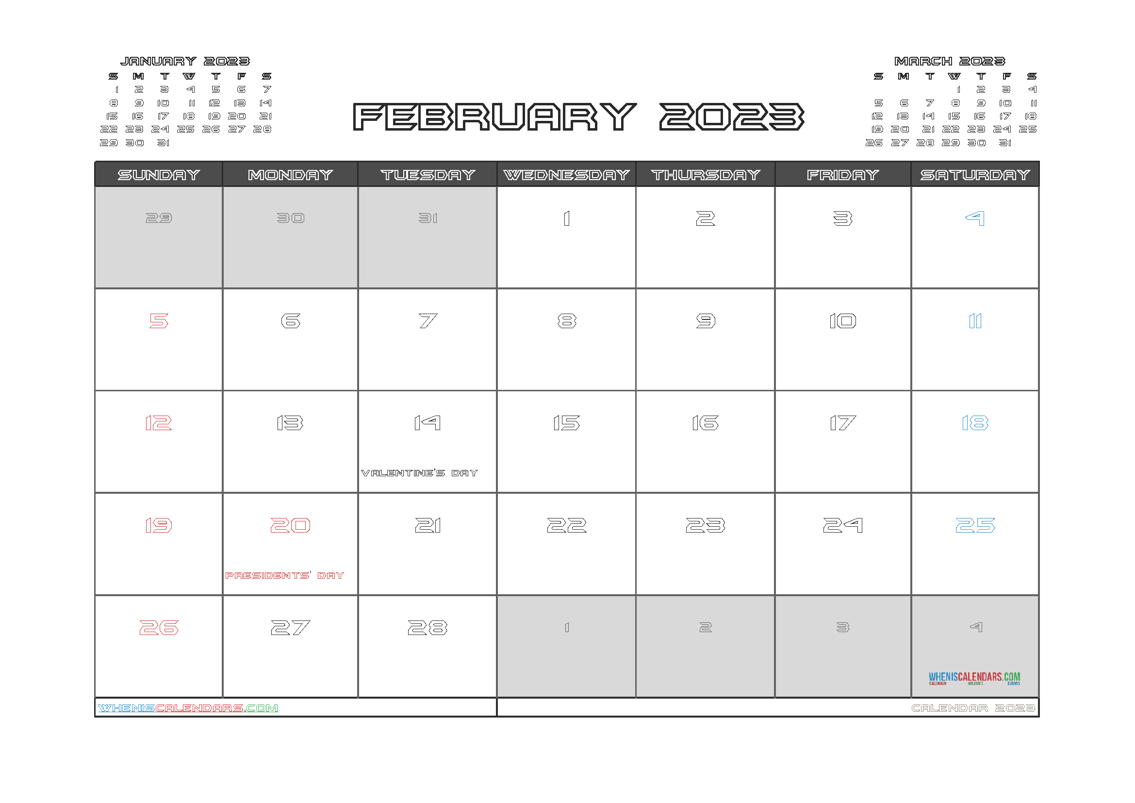 February 2023 Calendar with Holidays Printable