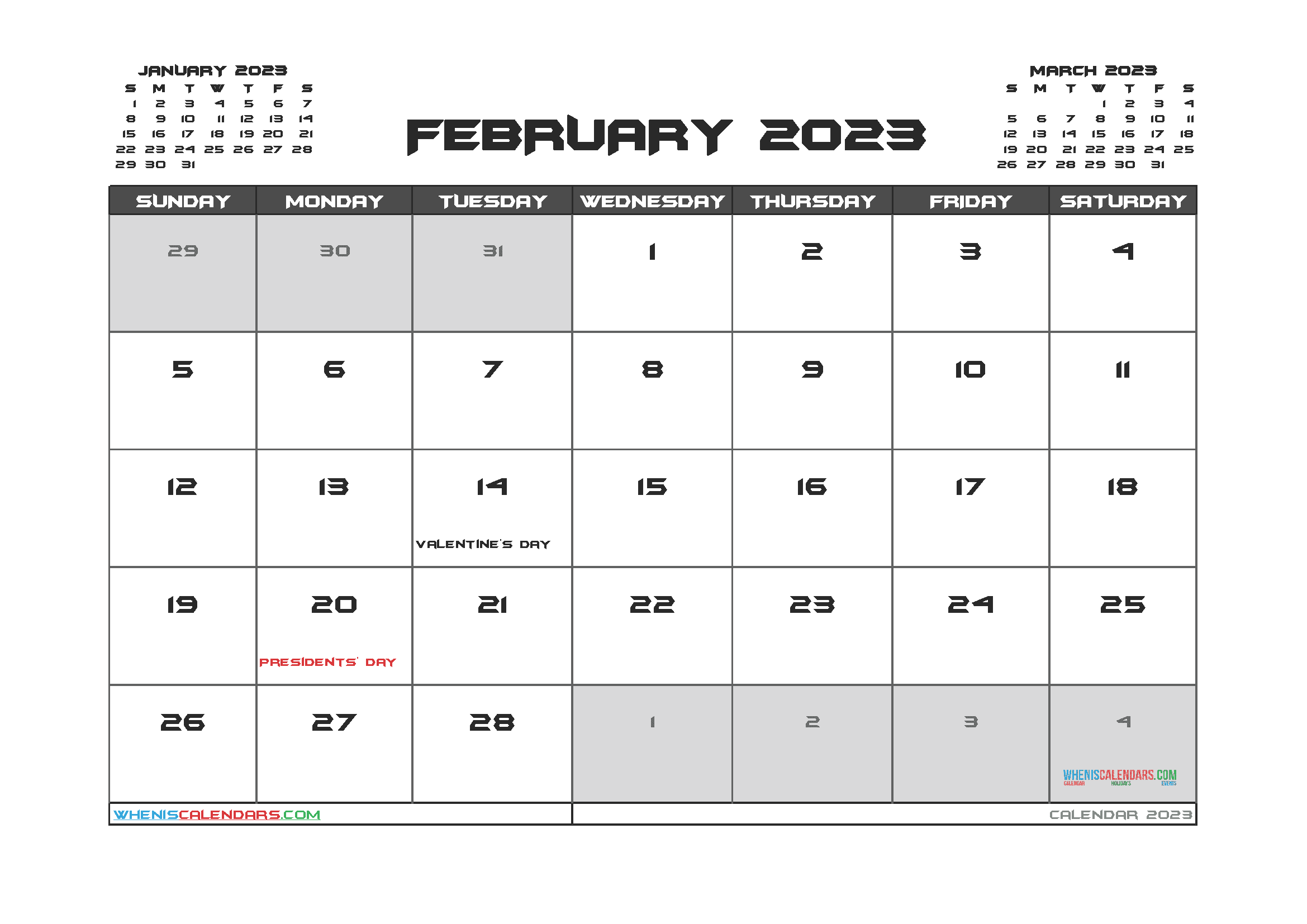 Free February 2023 Calendar with Holidays