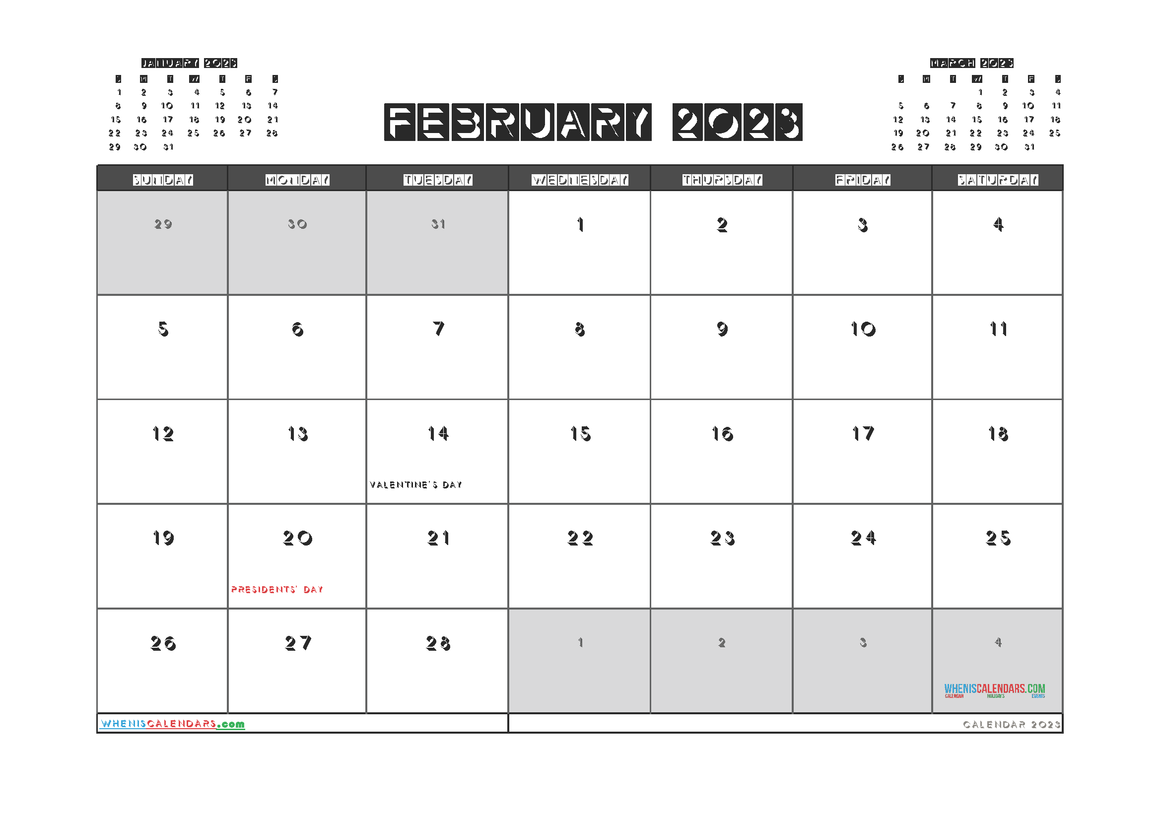 February 2023 Calendar with Holidays Printable