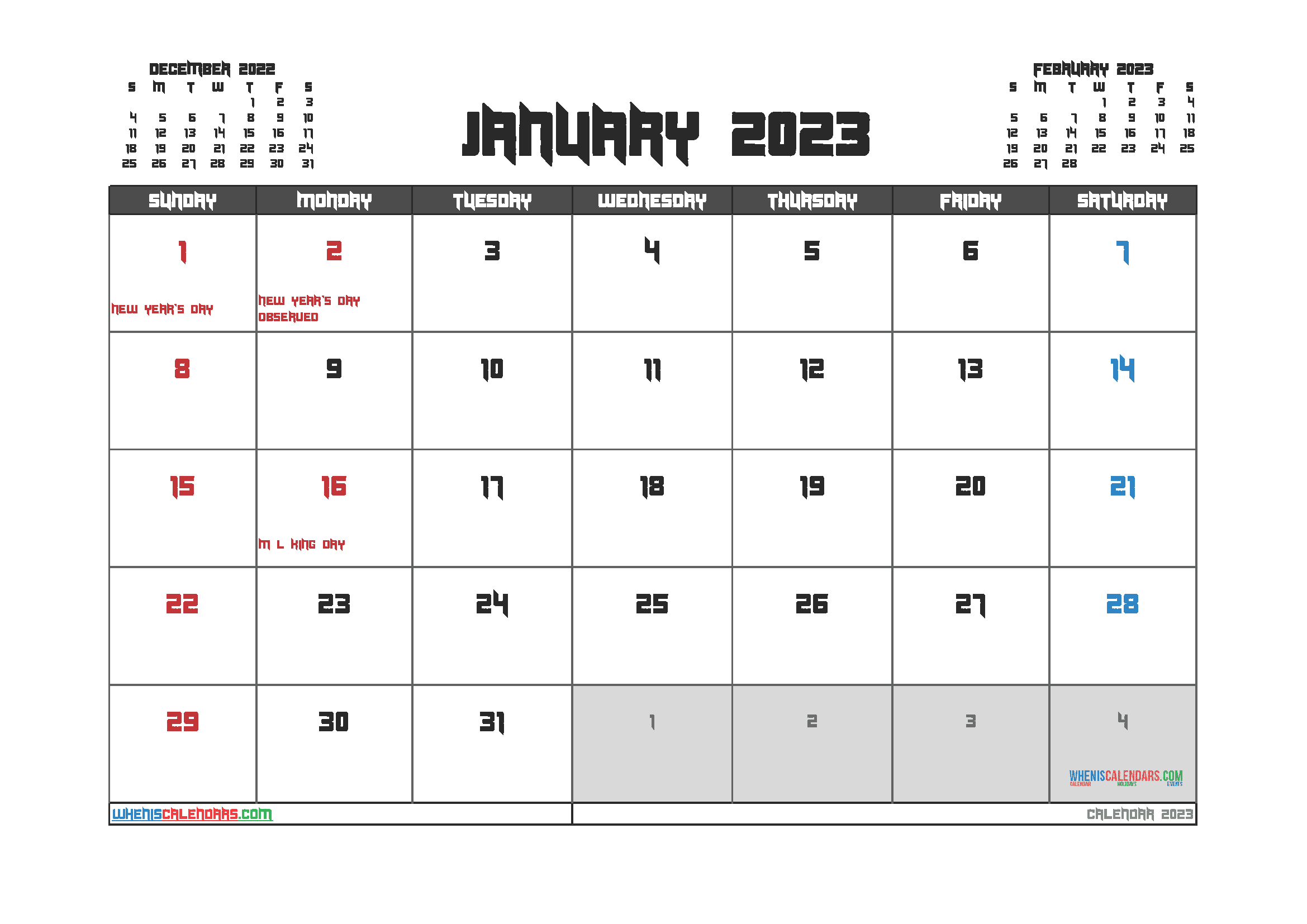 January 2023 Calendar with Holidays Printable