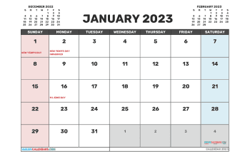 january 2023 calendar printable with holidays 3 bold