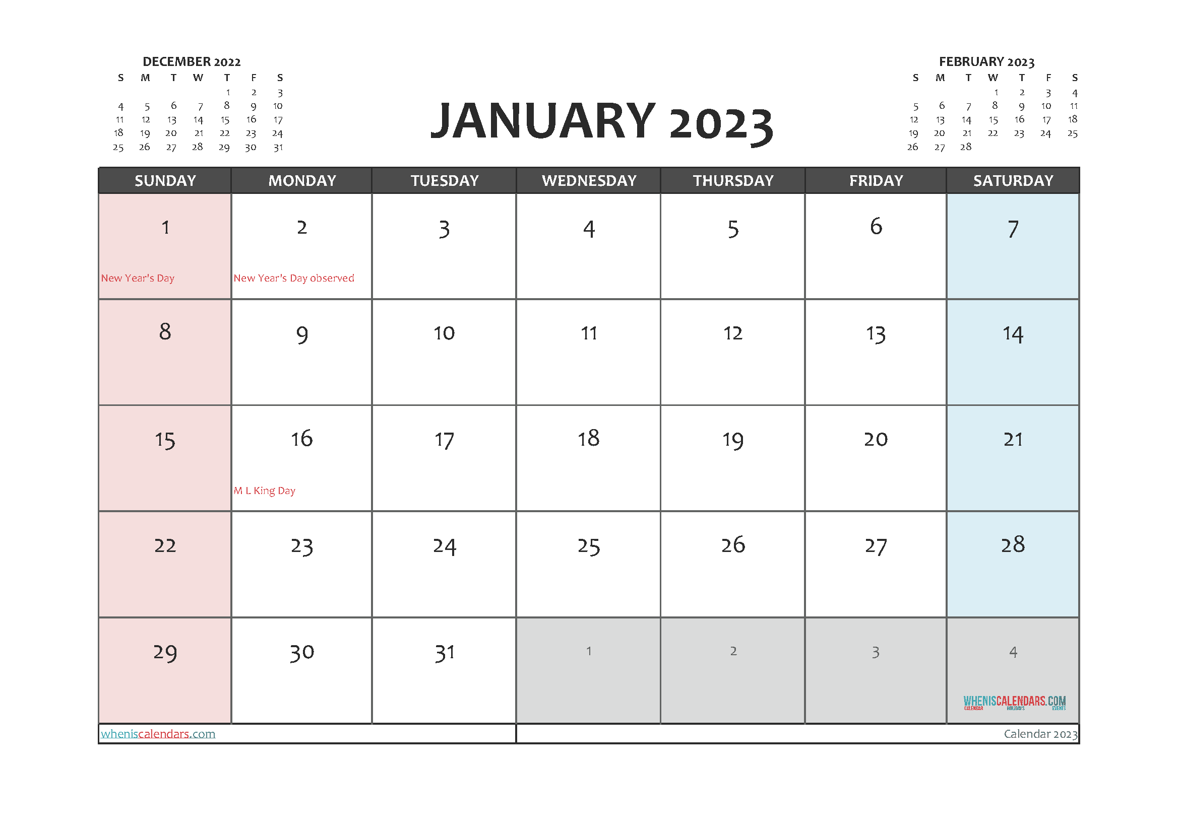Free 2023 Calendar January Printable