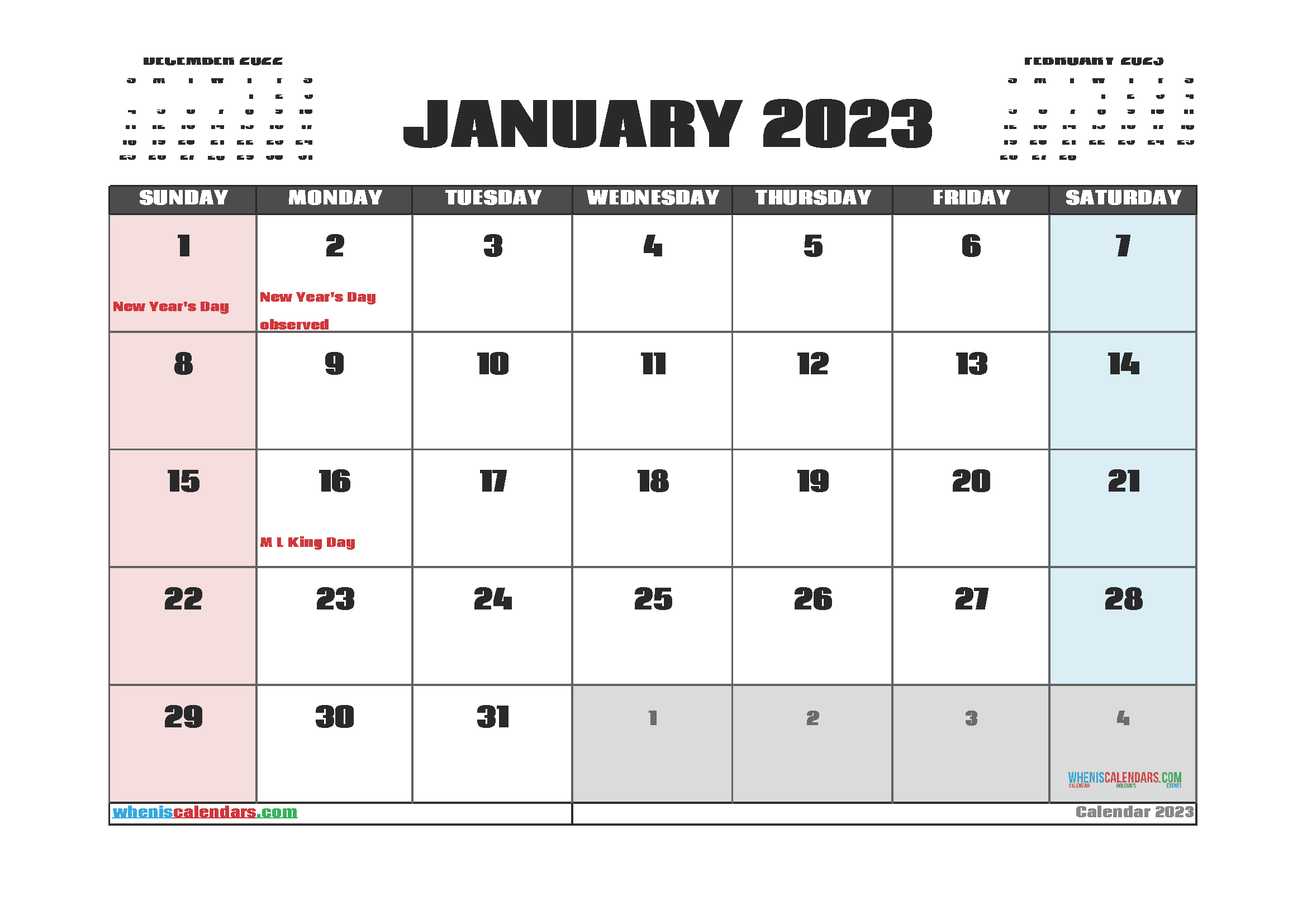 Free January 2023 Calendar Template