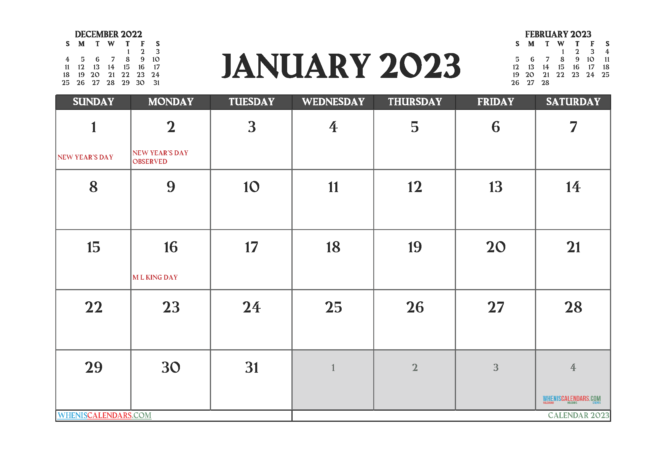 January 2023 Printable Calendar Free