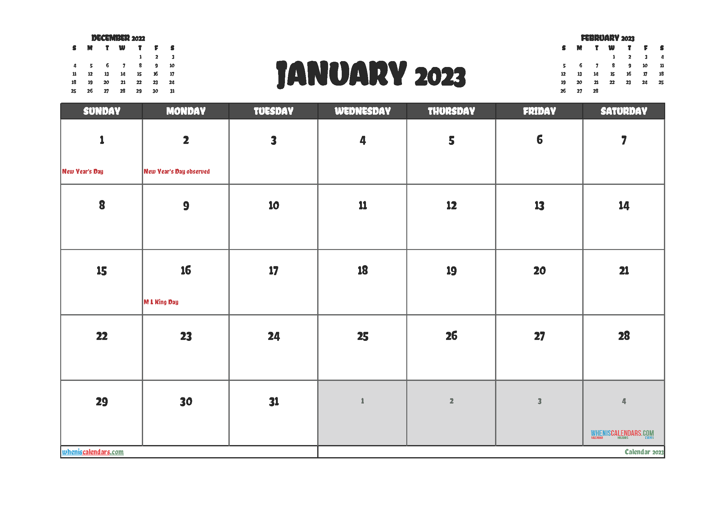 Free January 2023 Calendar with Holidays