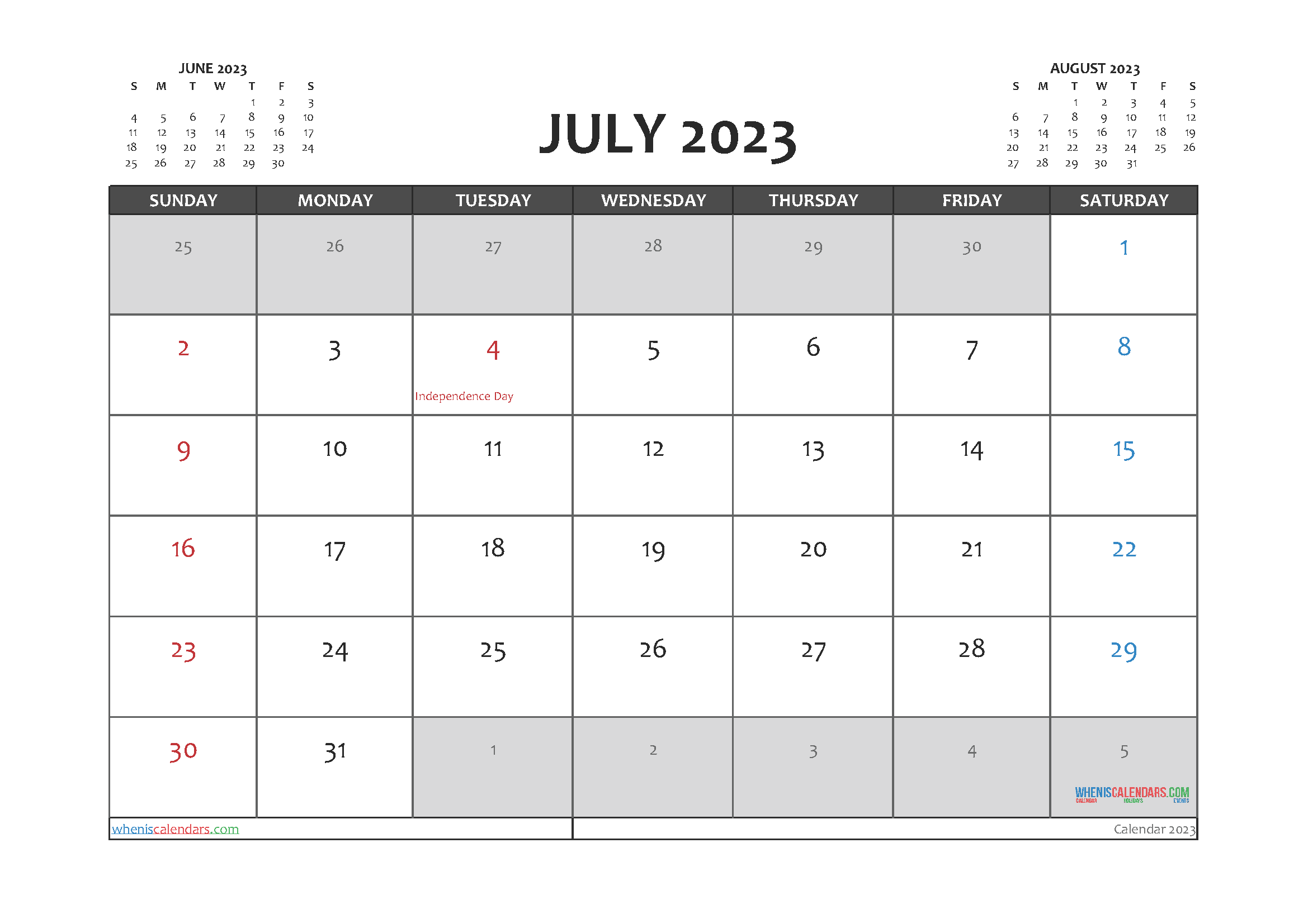 Free July Calendar 2023 Printable