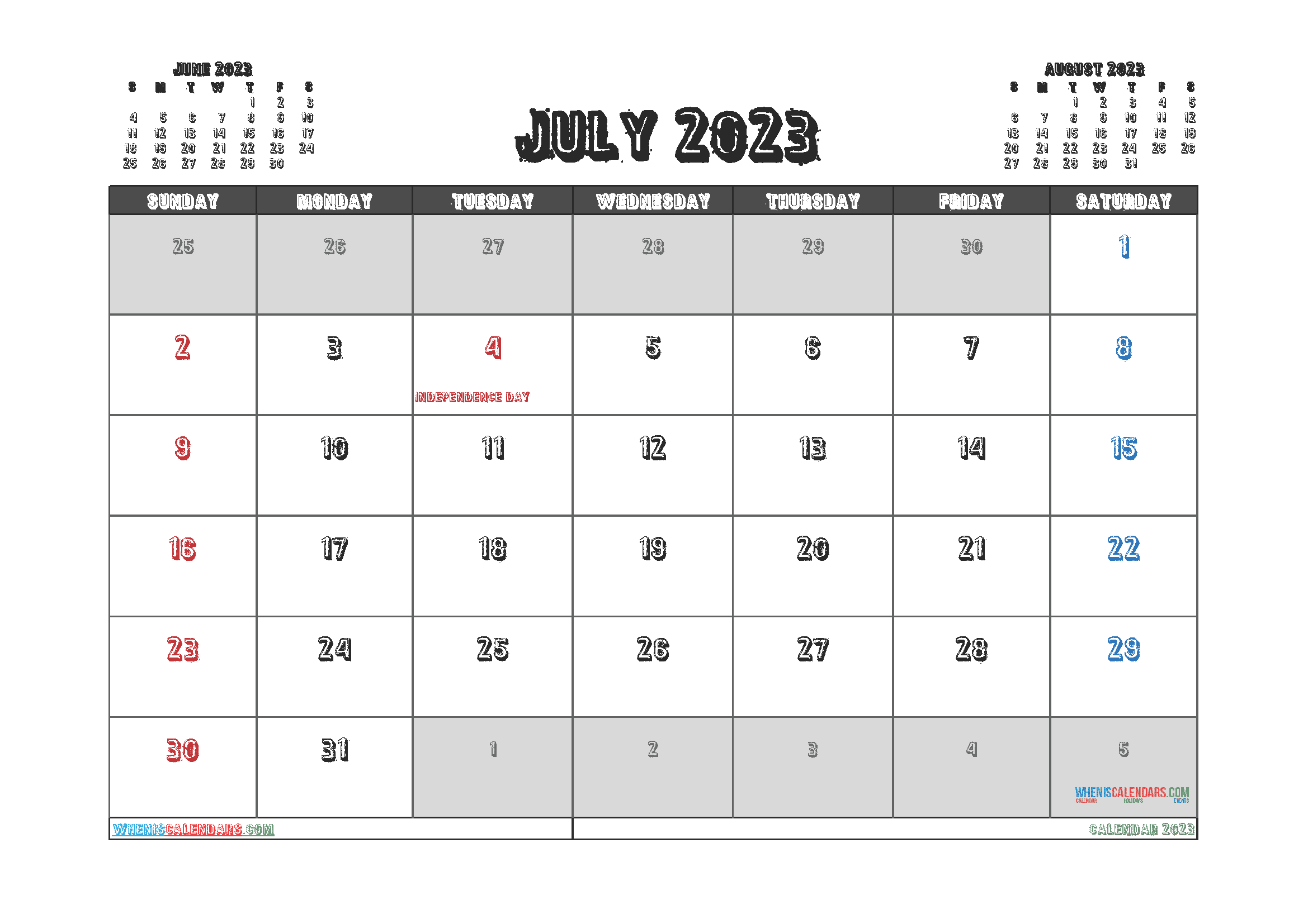 July 2023 Calendar with Holidays Free