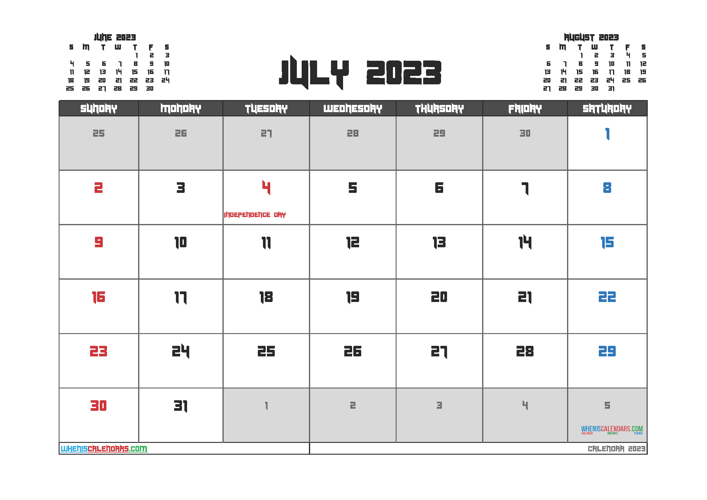 July 2023 Calendar with Holidays Printable
