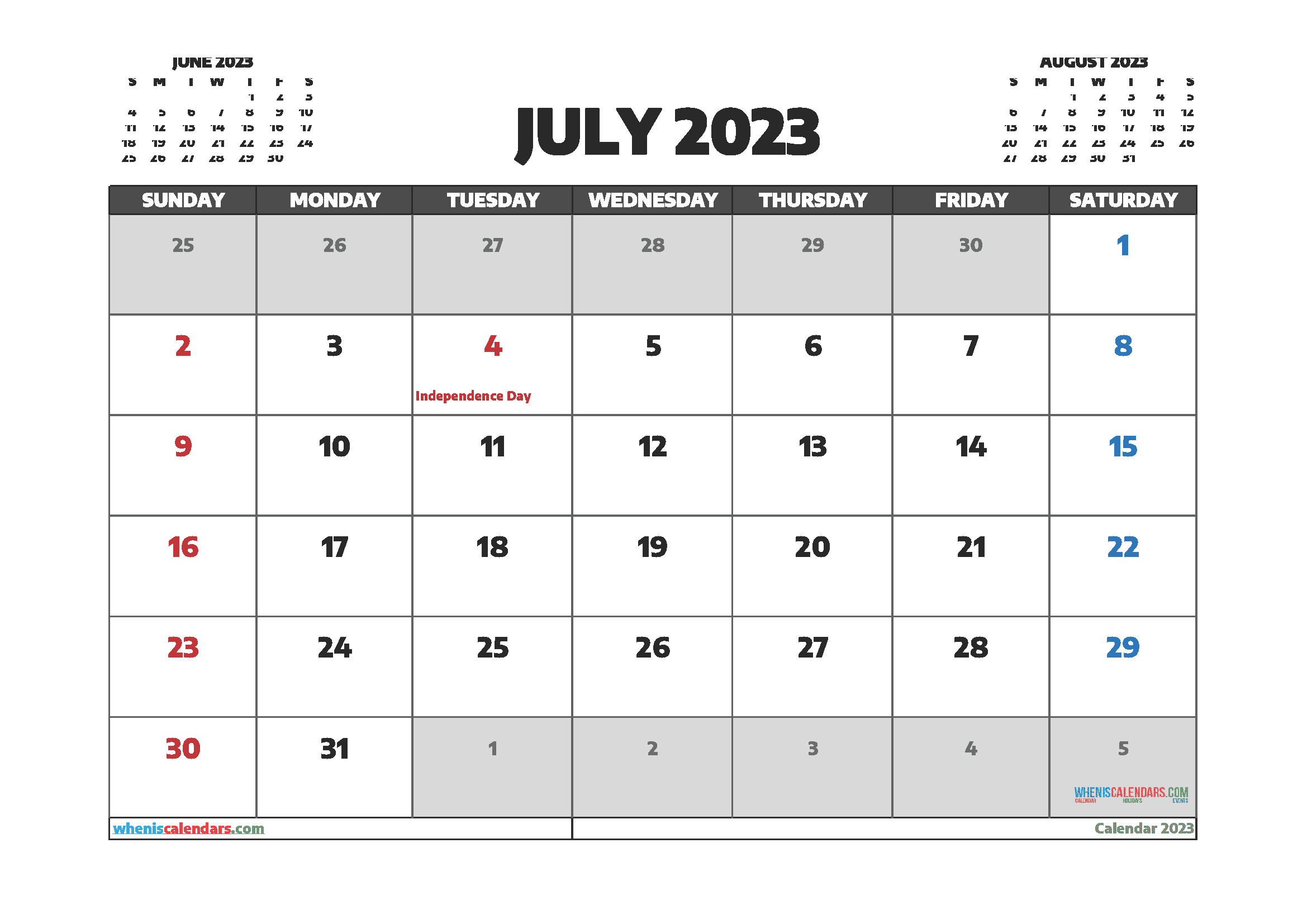 Free July 2023 Calendar with Holidays