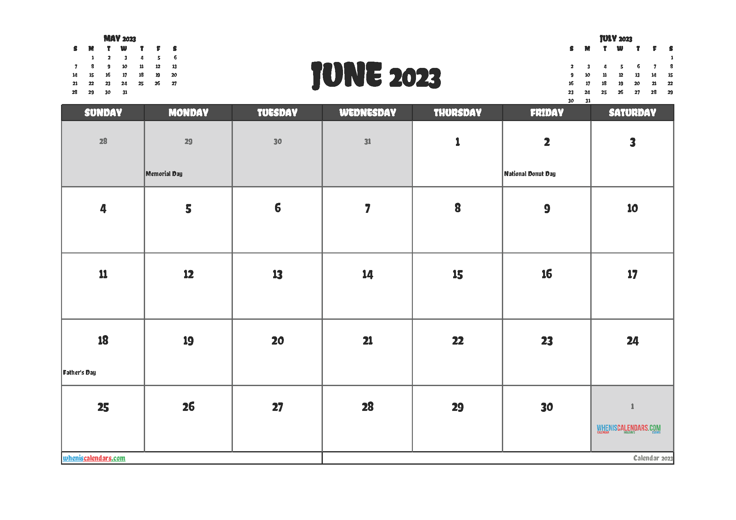Free June 2023 Calendar with Holidays