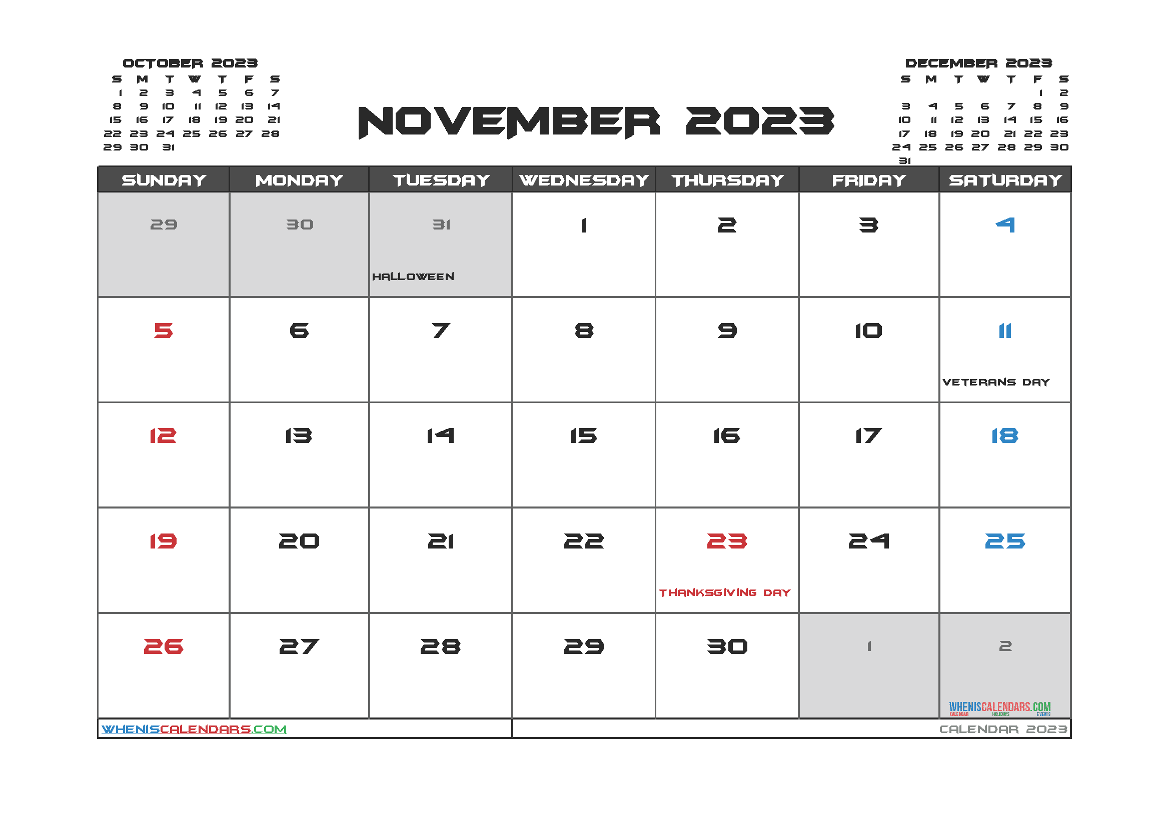 November 2023 Calendar with Holidays Free
