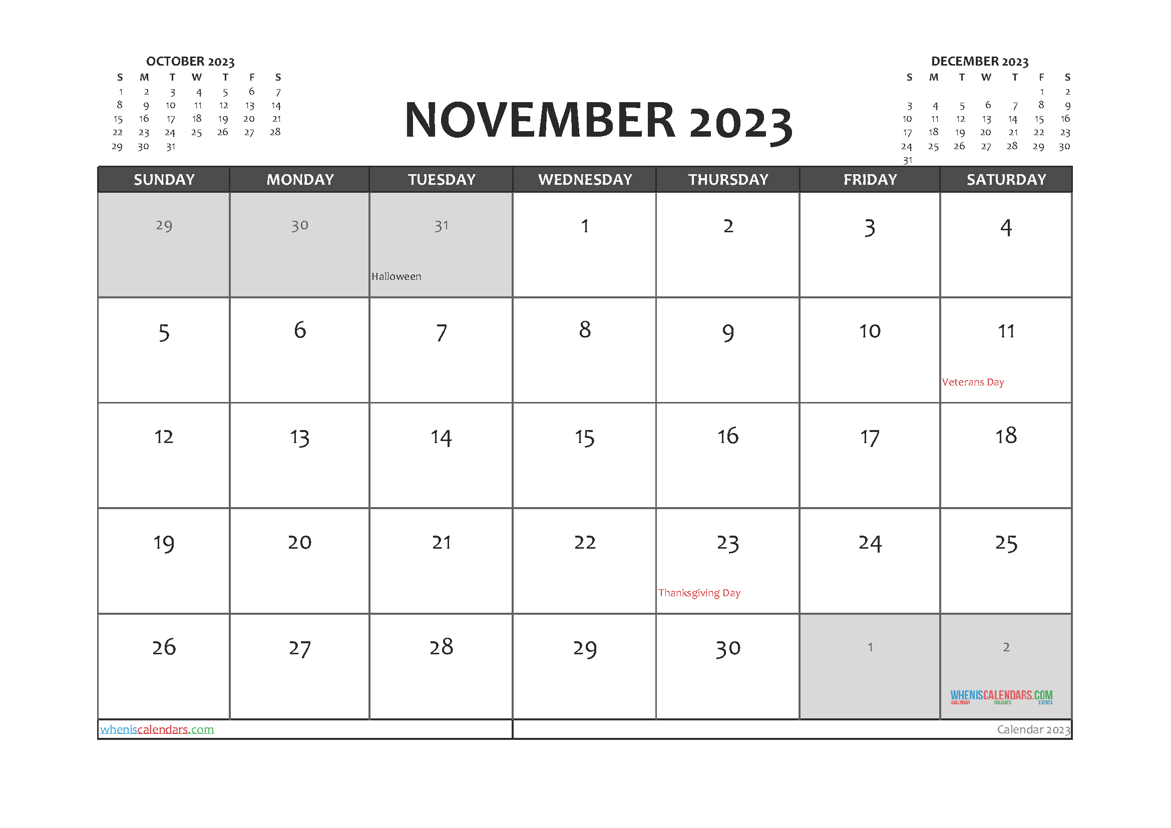 Printable November 2023 Calendar with Holidays