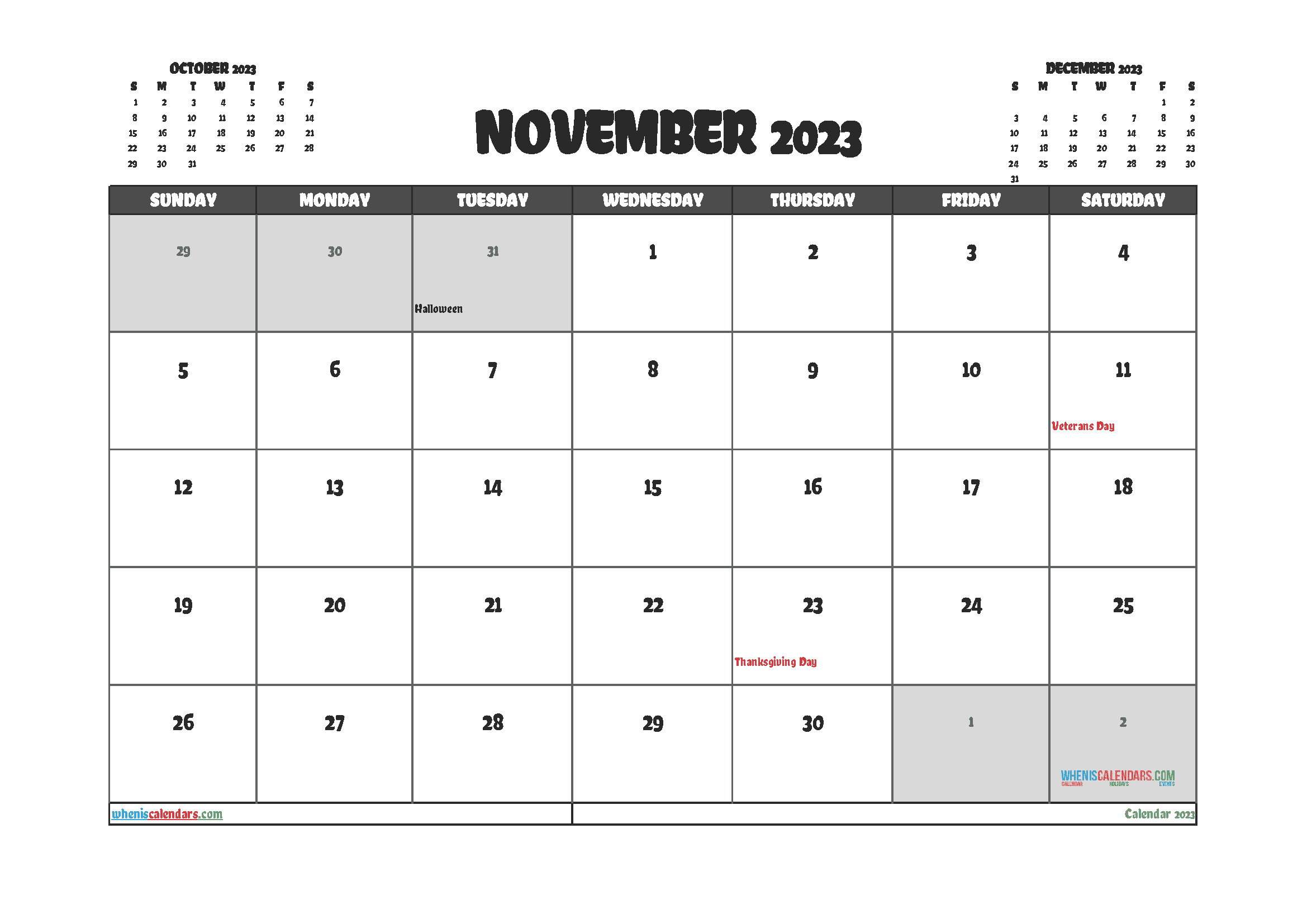 Free November 2023 Calendar with Holidays