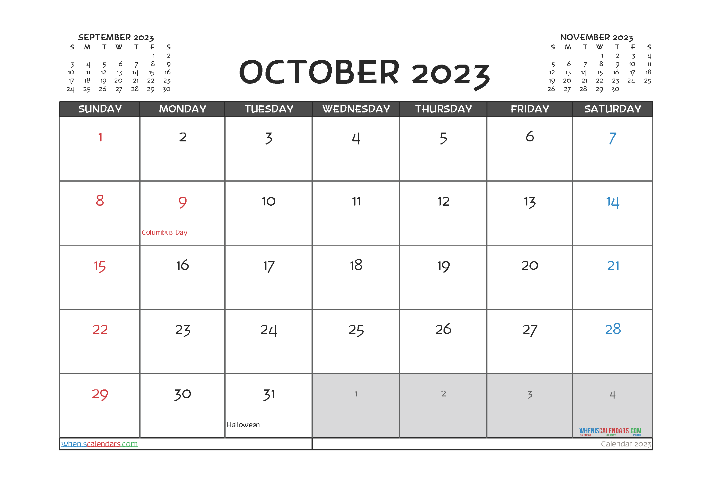 Printable October 2023 Calendar with Holidays