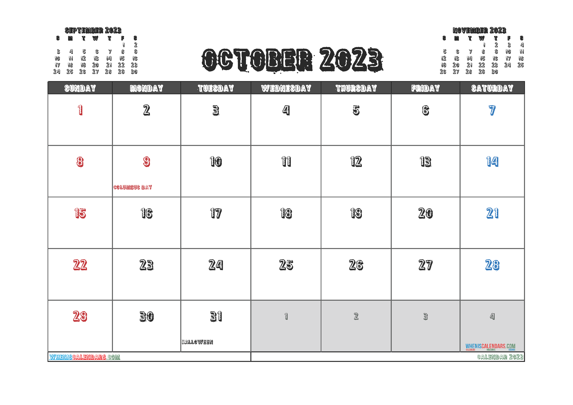 October 2023 Calendar with Holidays Free