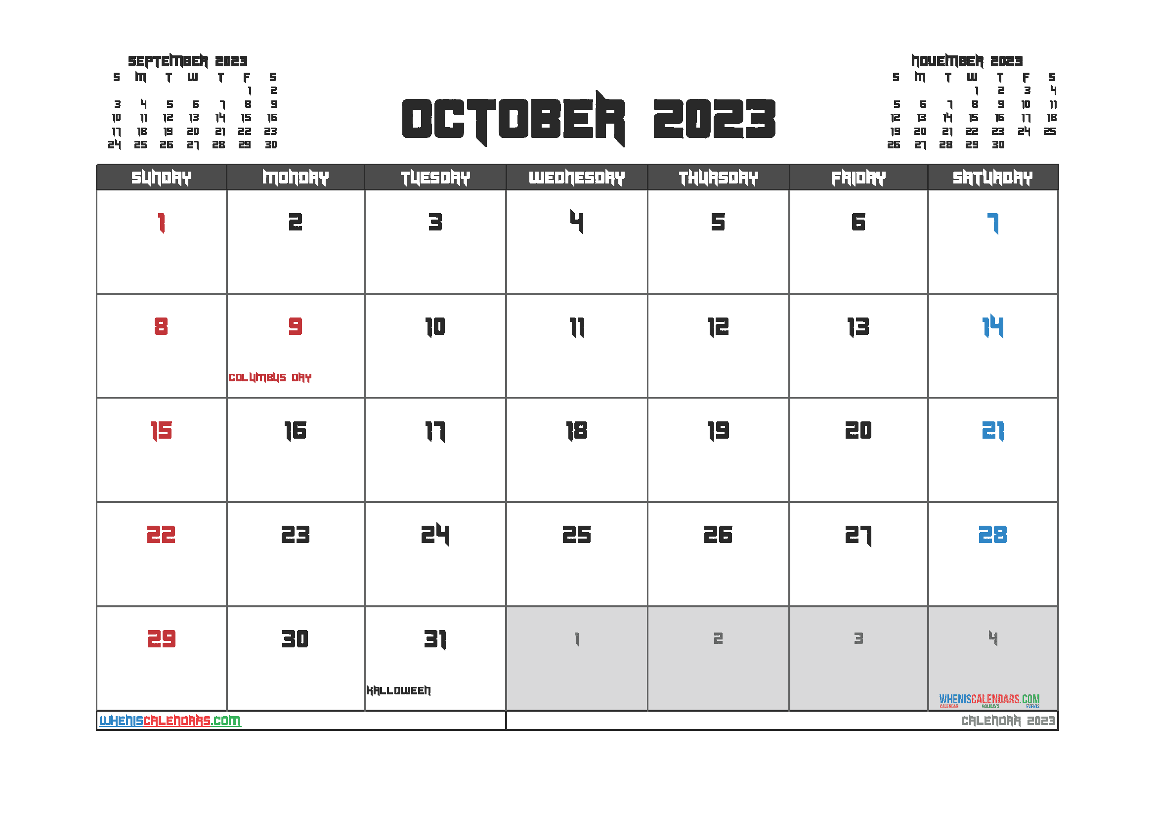 October 2023 Calendar with Holidays Printable