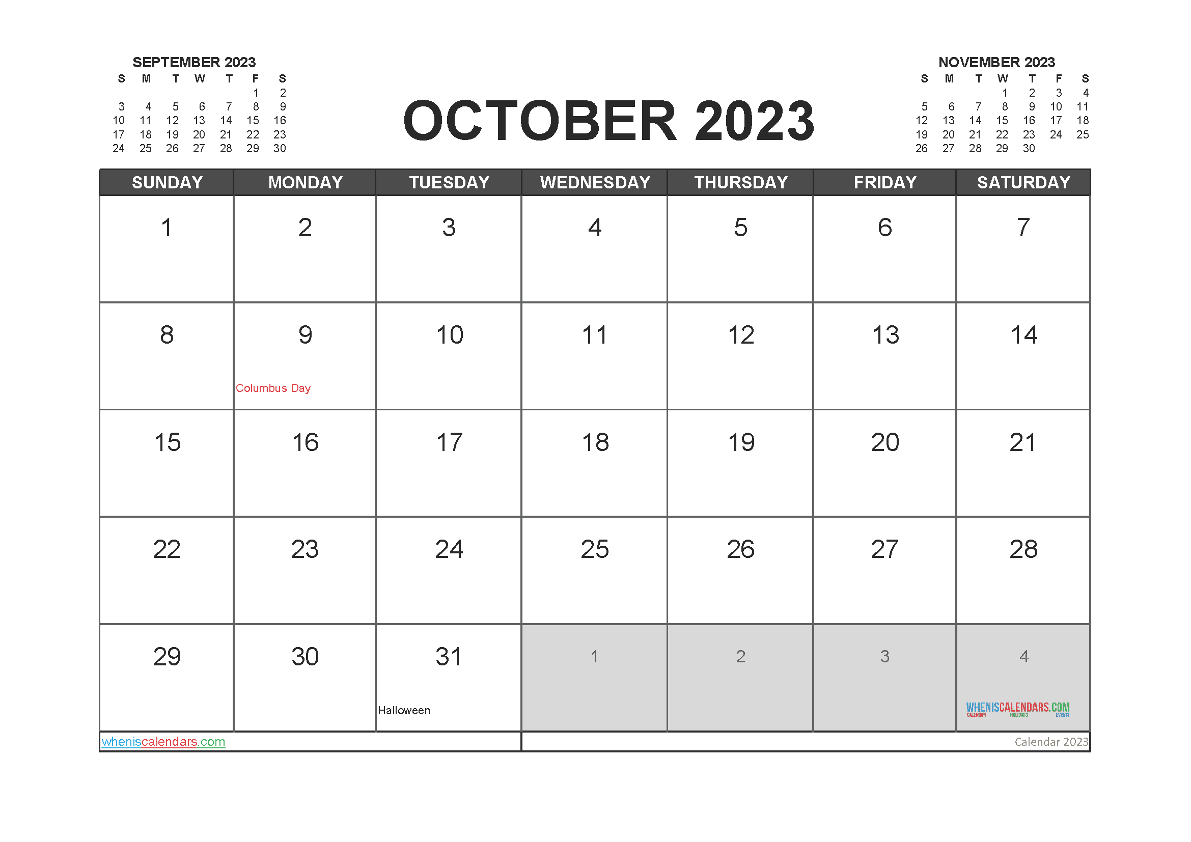Free 2023 Calendar October Printable
