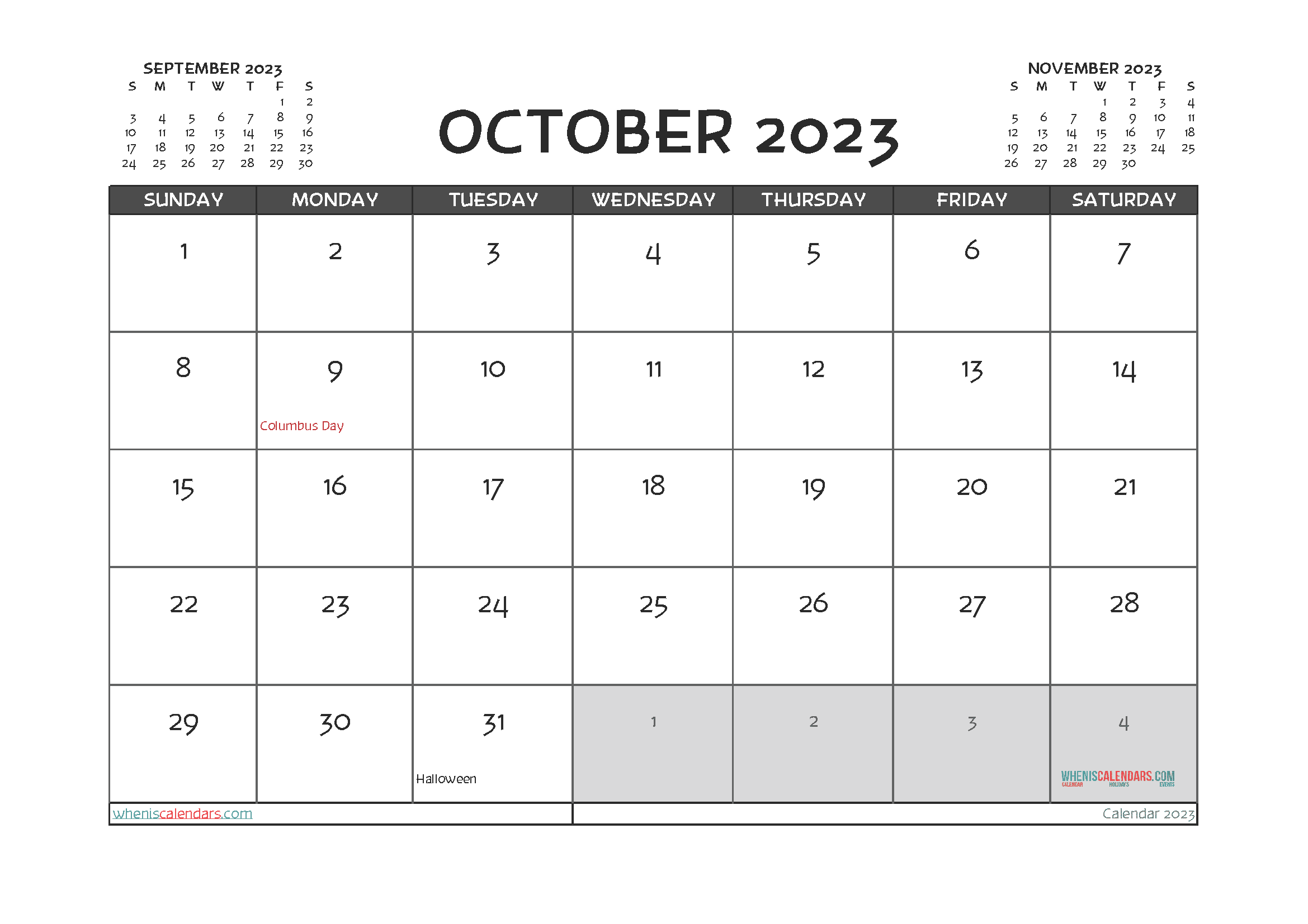 October 2023 Calendar with Holidays Printable