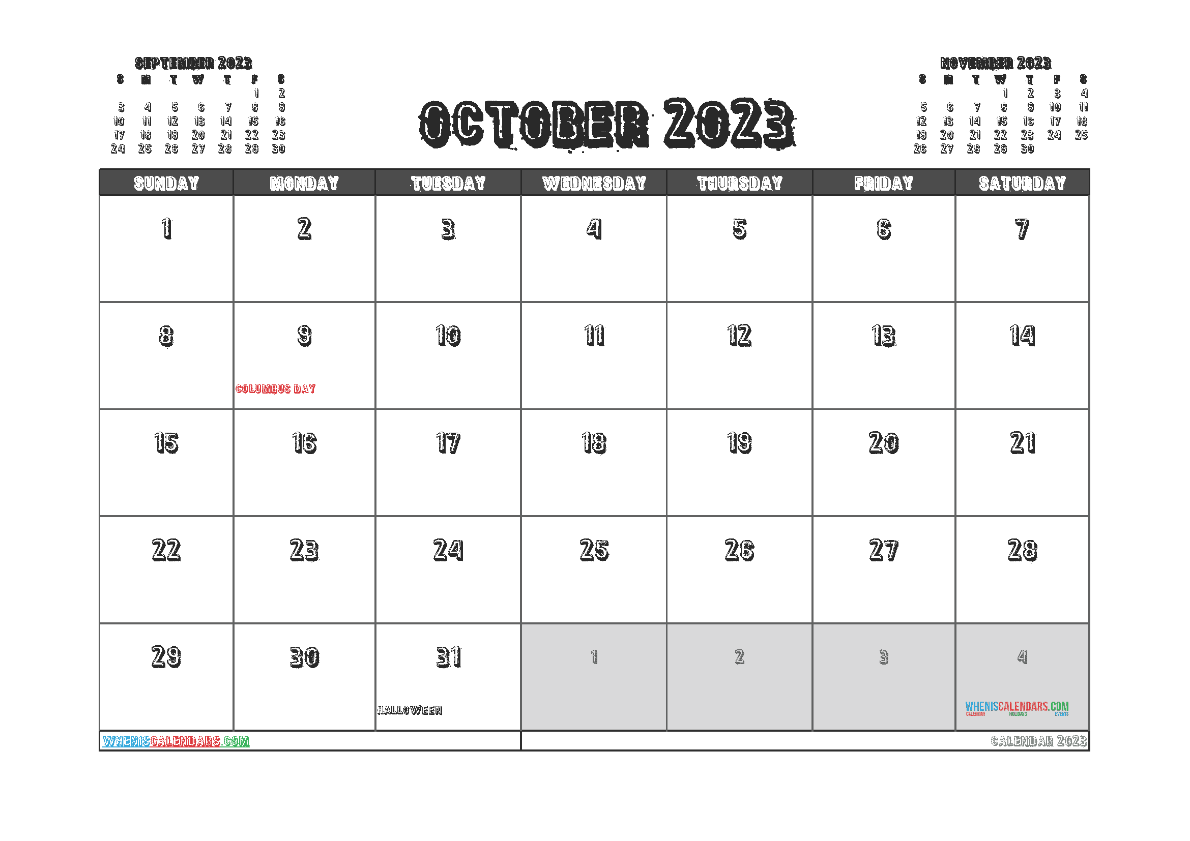 Free October 2023 Calendar with Holidays
