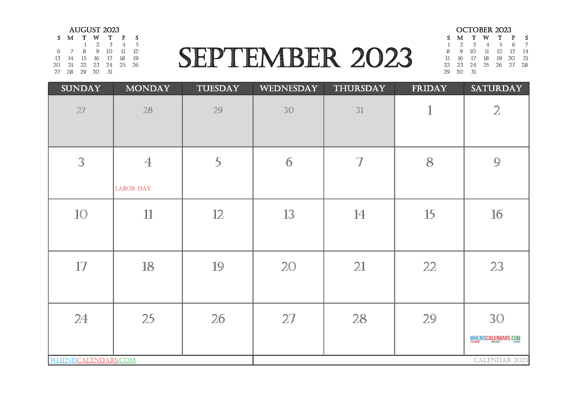 September 2023 Calendar with Holidays Free